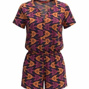 Tracy Negoshian Short Sleeve Romper in Pink & Orange Abstract Print